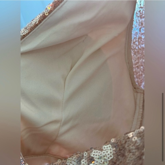 Party Dress Shimmer Rose Gold Sequin Deep V Cut with bra shelf zipper back small - Picture 8 of 9